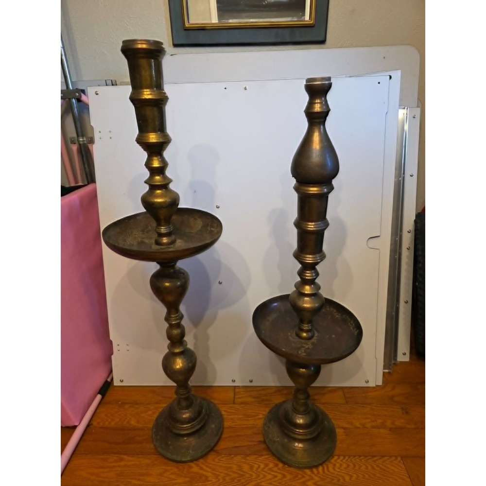 Moroccan Etched Brass Pillar Floor Altar Candlesticks Candle Holders Set Vintage